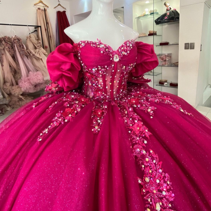 Rose Red Shiny Quinceanera Dresses Off The Shoulder Appliques Lace Beading Crystal Bow Tull Ball Gown Sweet 16 Dress Vestidos De 15 Anos