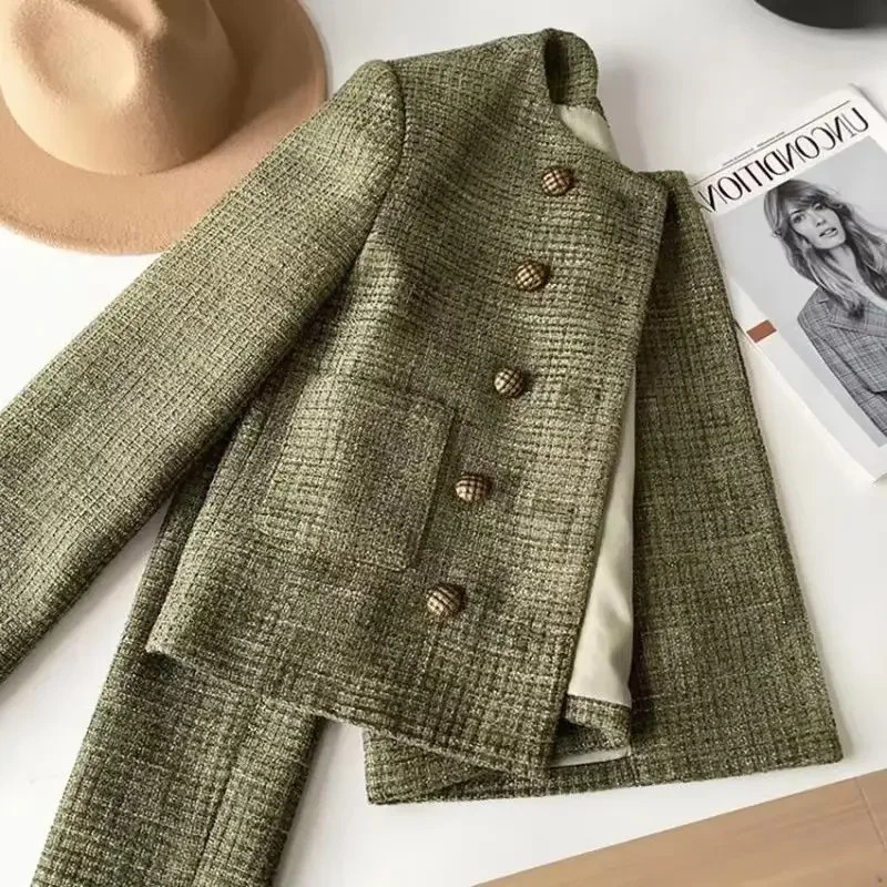 Vintage French Buttons Tweed Jacket Women Spring Autumn Coat Cropped Short Tops Long Sleeve n Clothing Trends 250730