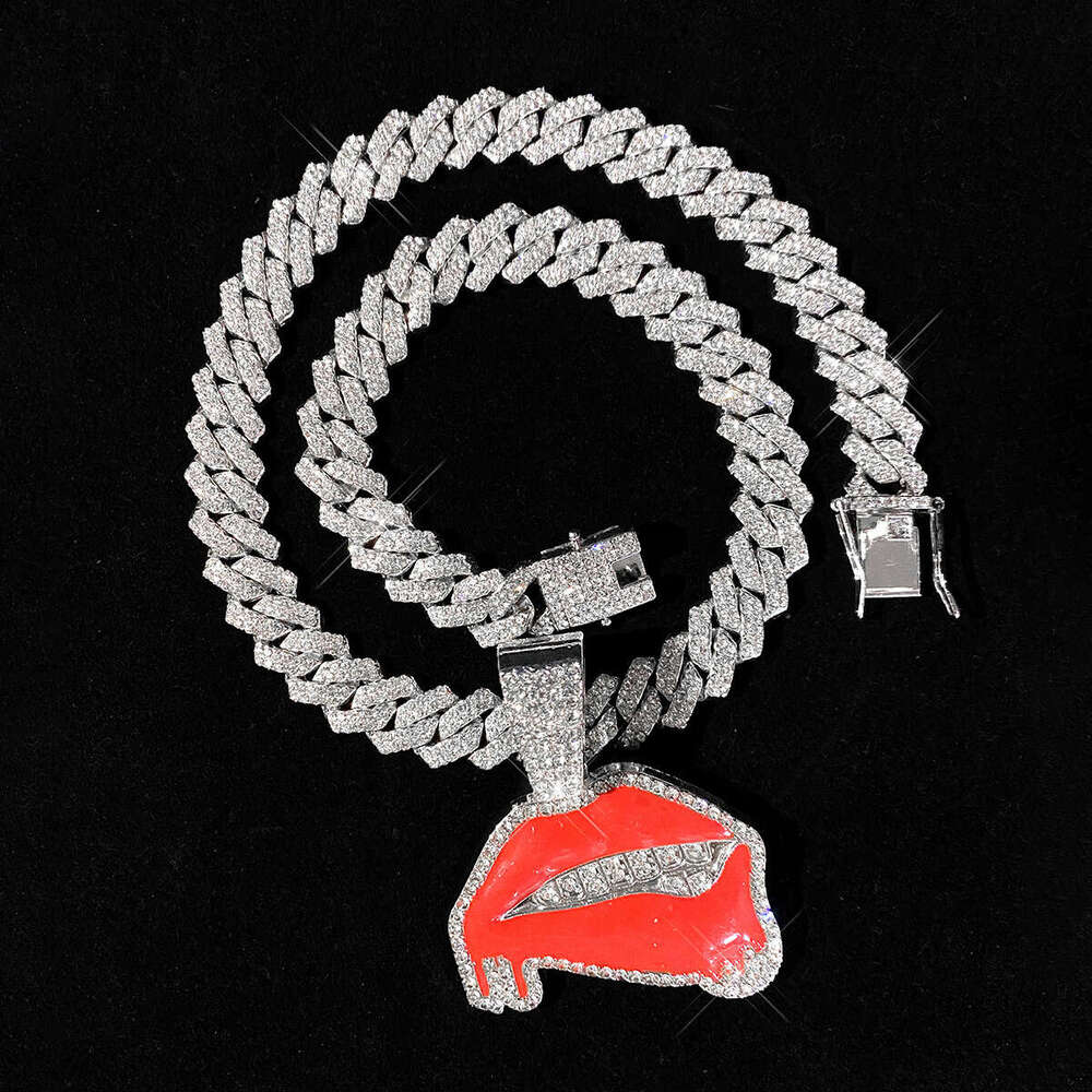 Inlaid Dia Oil Drop Sexy Red Lip Pendant Hip Hop Personality Creative Alloy Cuban Chain Necklace