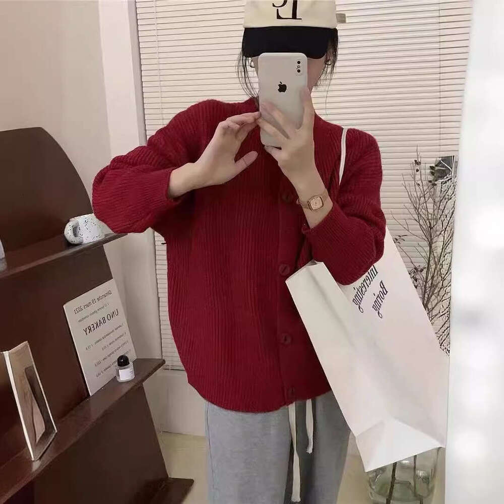 Autumn Winter New Lazy Style Korean Version Cardigan For Women Soft Sheep Wool Ribbed Button Sweater Dark Gray B5