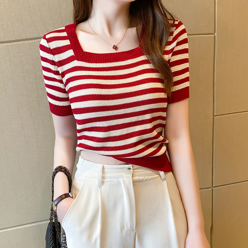 Summer Short Sleeve Striped TShirt Women Knitted Shirts Pullover Tops Female Elastic Casual Knit Tee Womens TShirts Crop Tops 250724