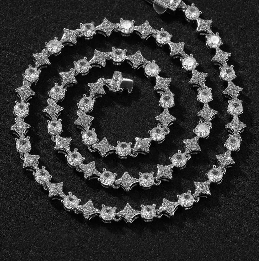 Fashion 6mm Star Tennis Chain Necklace for Men Copper Inlaid Zircon Hip-hop Personality Bracelet