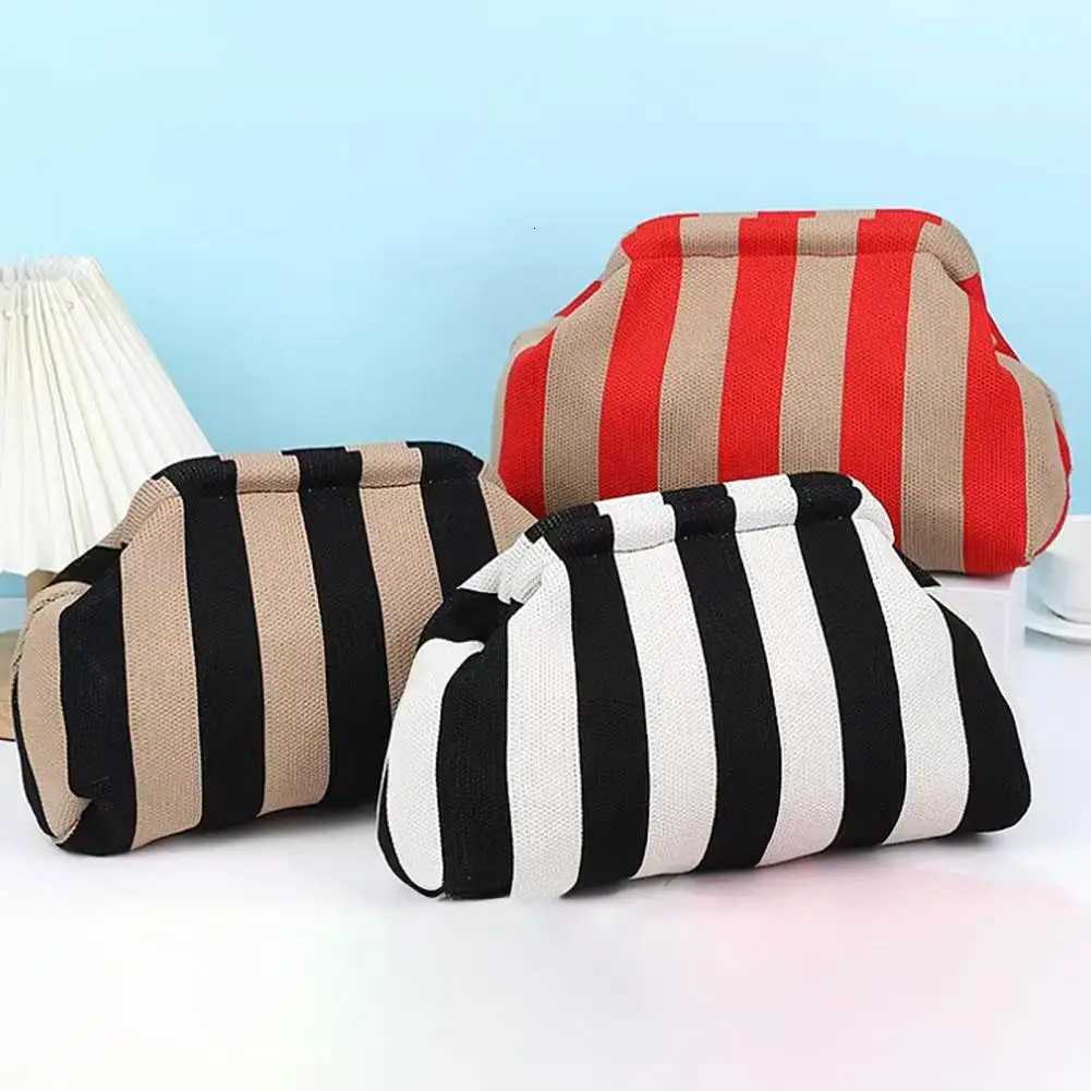 Women Handbag Colorblock Knitted Women Bag Large Mouth Cosmetic Cellphone Keys Stoarge Pouch Summer Beach Clutch Lady Purse Y250729