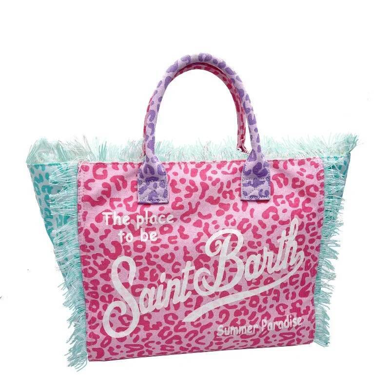 Saint Barth's New Women's Large Capacity Leisure Travel Leopard Print Canvas Handmade Tassel Handbag