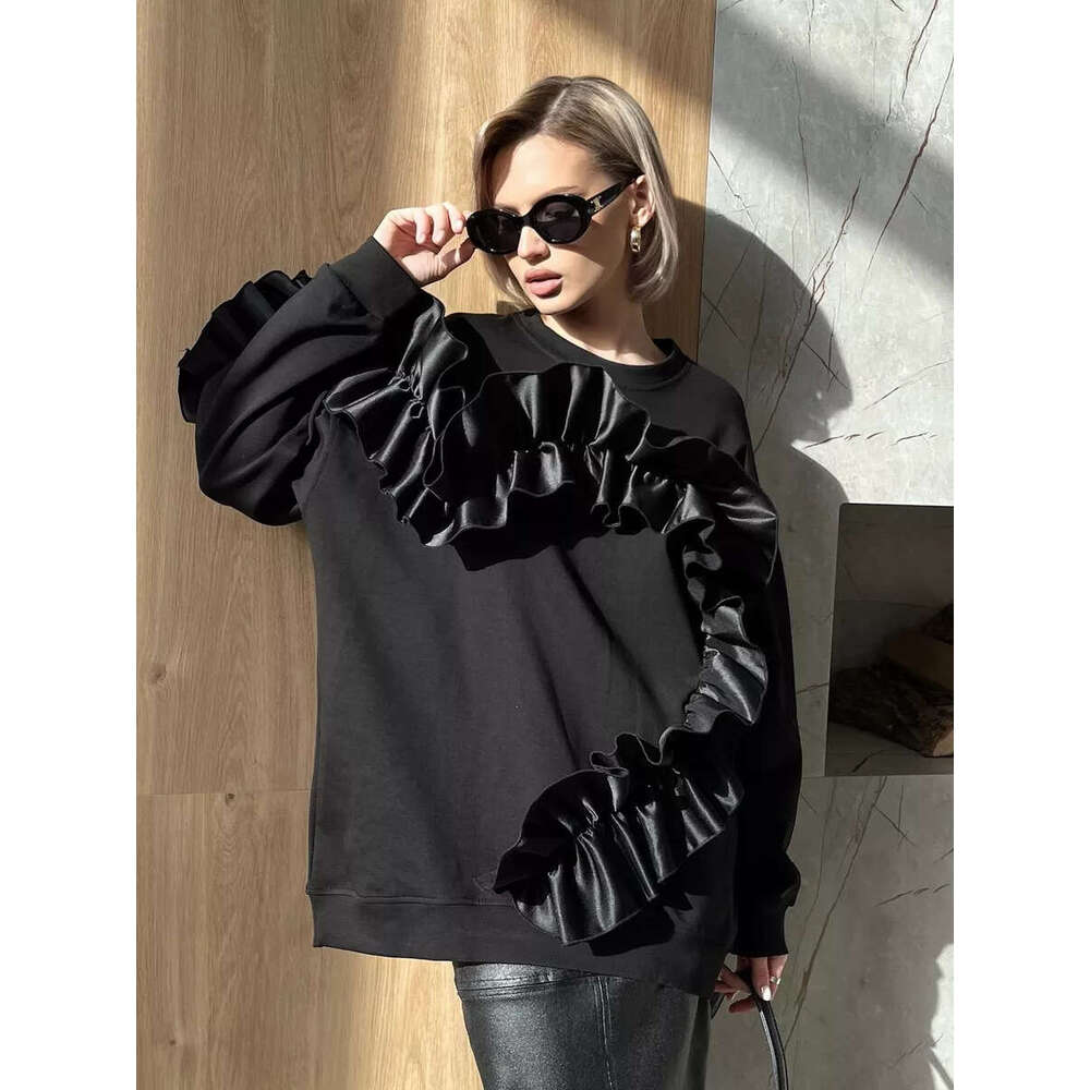 Heart Lace Trim Design Color-Block Sweatshirt Round Neck Long Sleeve Casual Loose Fleece Top For Women B5