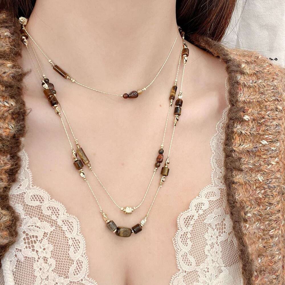 Exquisite Fashionable Melad Coffee Color Tiger Eye Stone Snake Bone Necklace High-end Niche Women's Metal Long Sweater Chain 1de