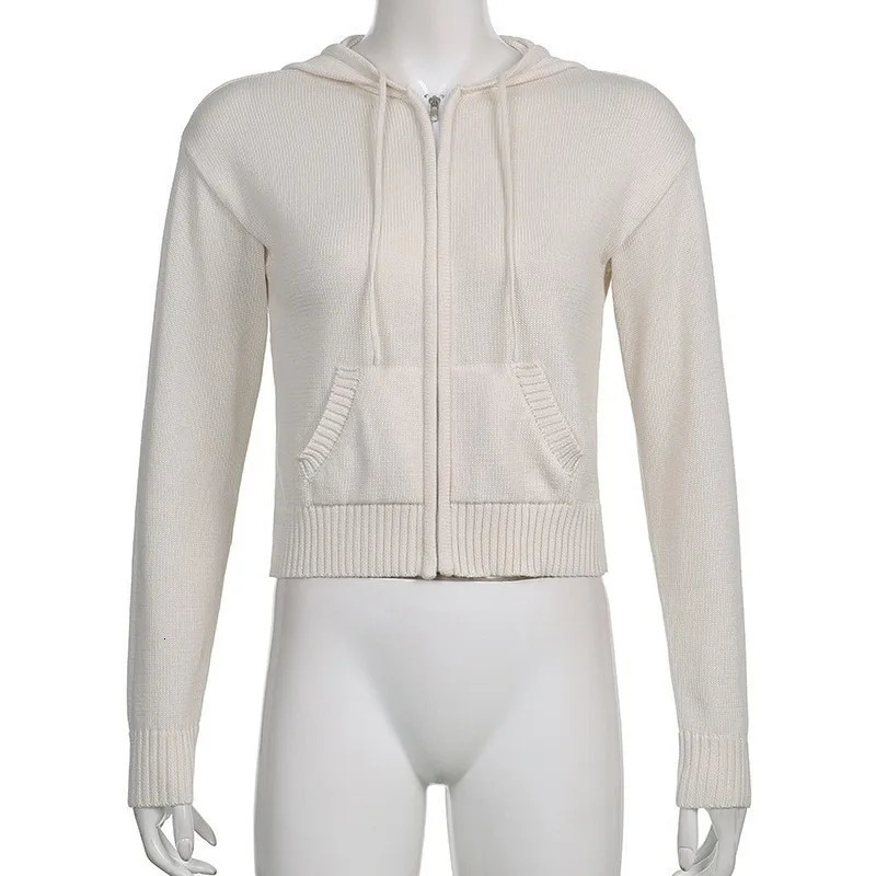 Vintage Brown Y2K Hooded Sweaters Women Autumn Winter Lantern Sleeve Zip Up Jacket Knitted Hoodies Cropped Cardigan Top 250730