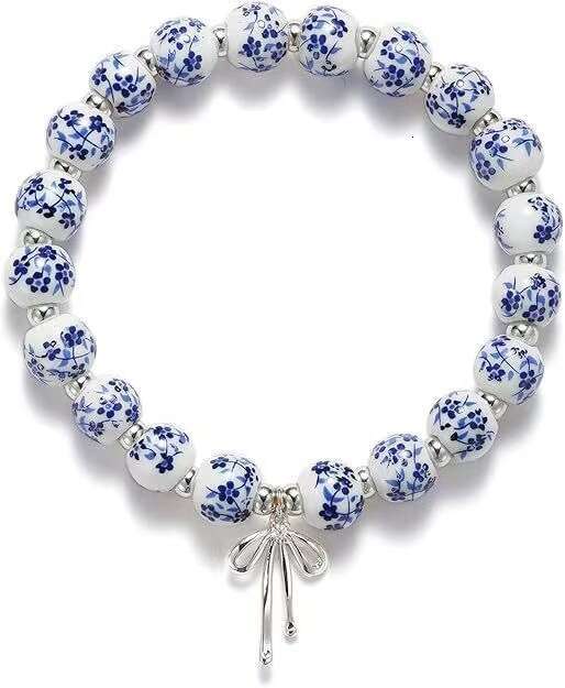 MAMA Other Letters Blue and White Porcelain Gold Beads Elastic Beaded Bracelet