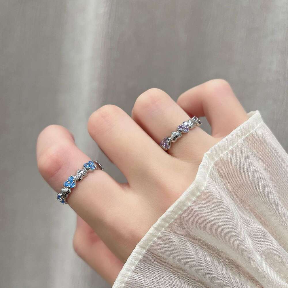 TikTok Korean Style Niche Heart-shaped Sea Blue Purple Diamond Ring with Fresh and Simple Design 684