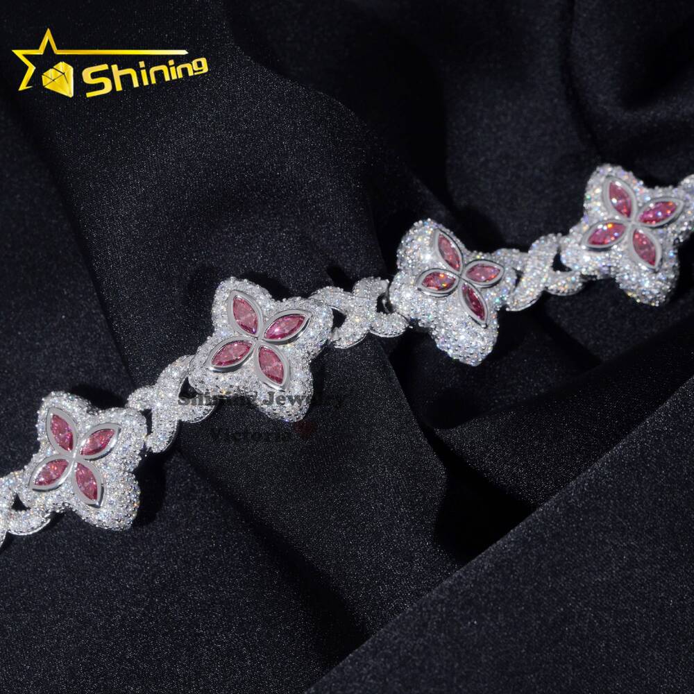 18MM Hip Hop Style Sterling Silver Iced Out Clover Infinity Link Bracelet Jewelry Pink Marquise Moissanite Clover Cuban Bracelet