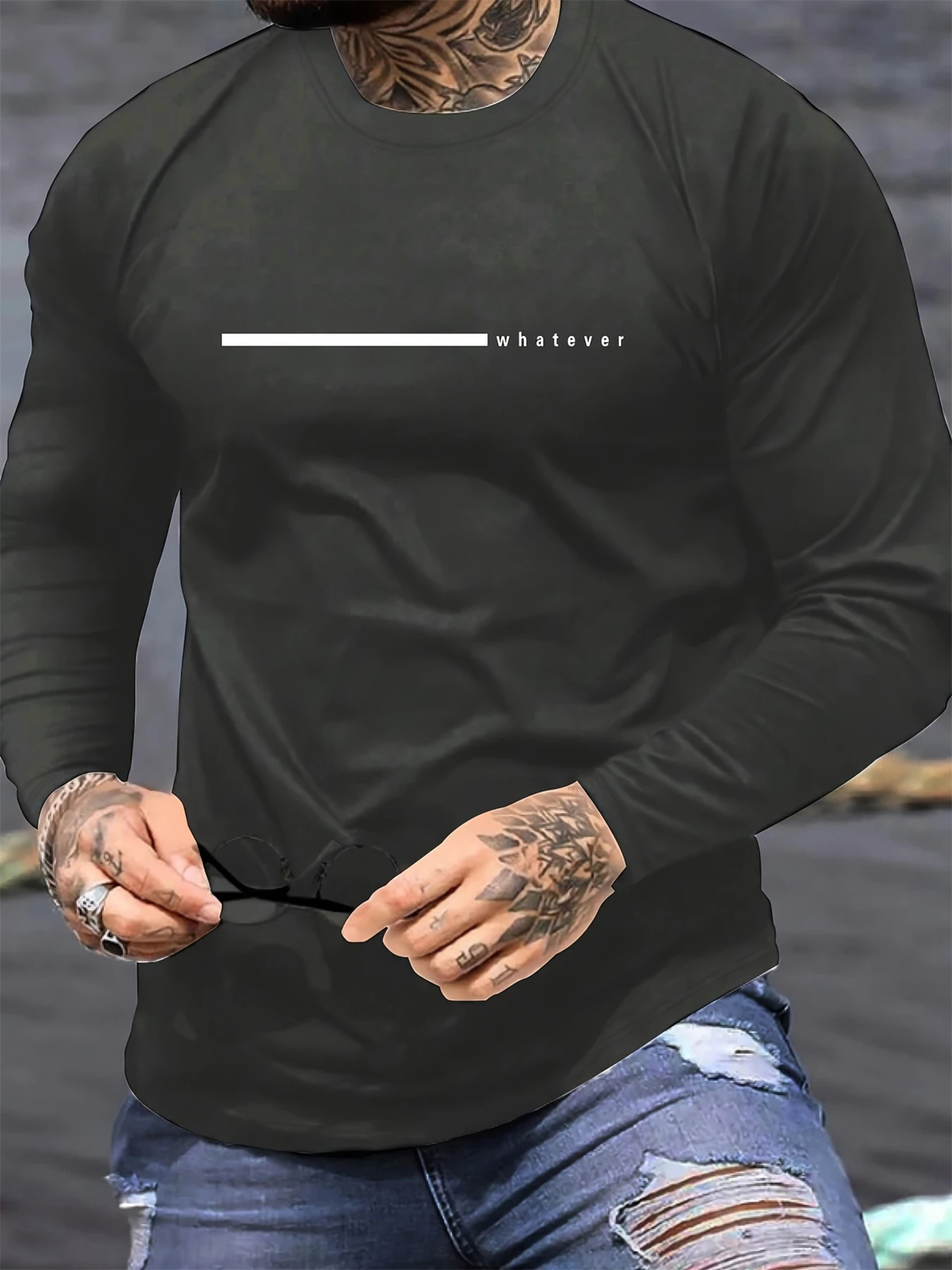 Mens 100% pure cotton loose and comfortable casual sports plus size whatever letter printed round neck long sleeve Tshirt 250729