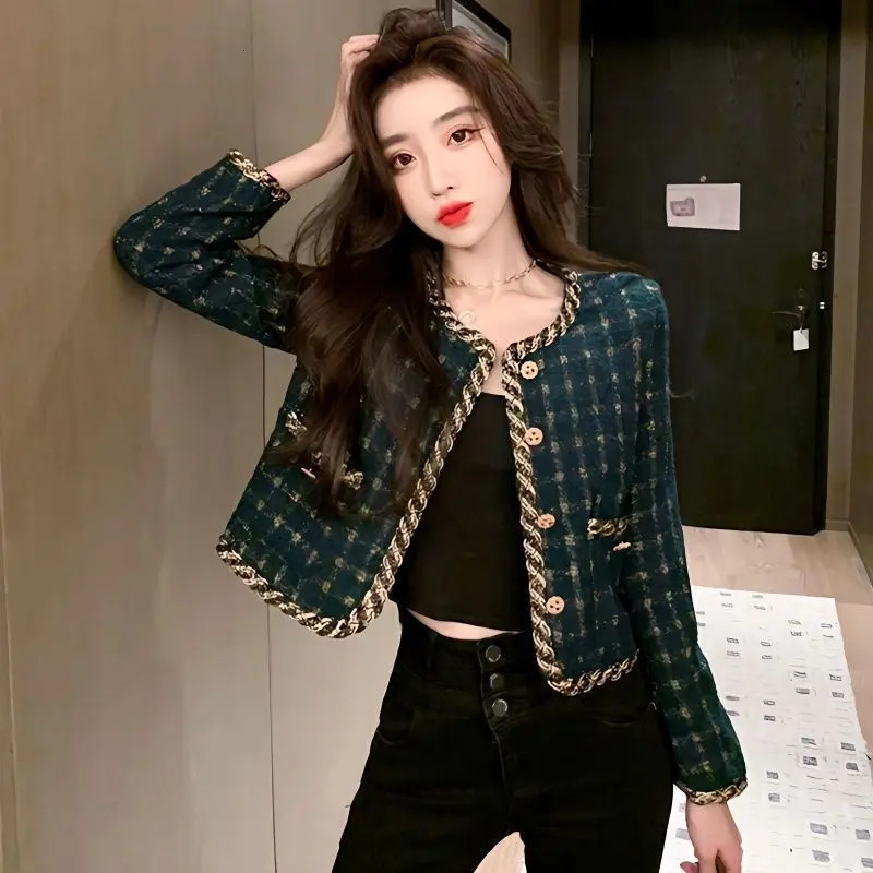 Vintage Cropped Tweed Jacket Women Blazer Korean Chic Singlebreasted Long Sleeve Plaid Coat Spring Autumn Suit Outerwear 250730