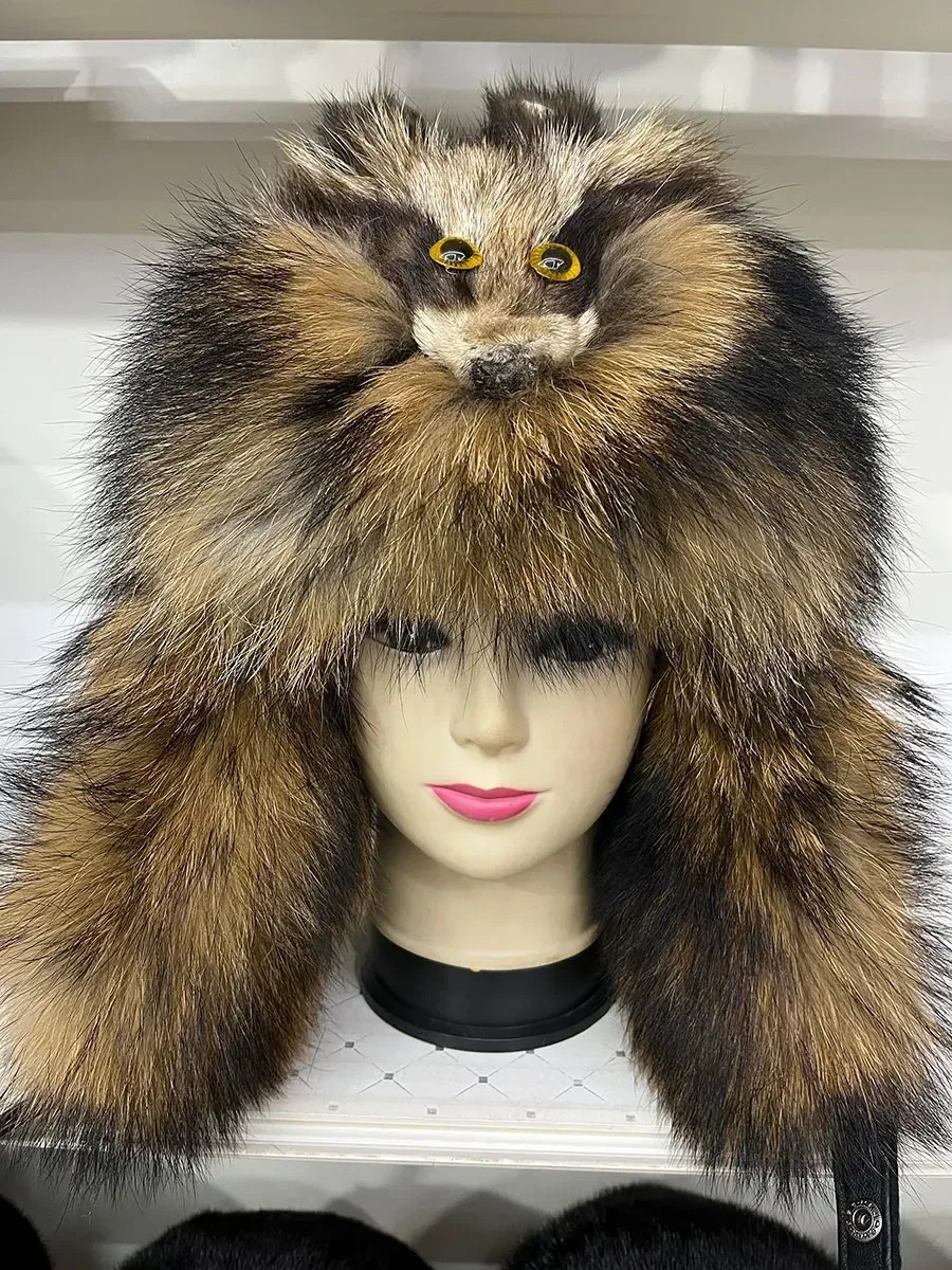 Halloween Outdoor Hat Fur 100% Raccoon Fox Skin Russian Hats Pilot Bombers Full Fur Mens Hat Ushanka Winter Ear Guard Hat 250724