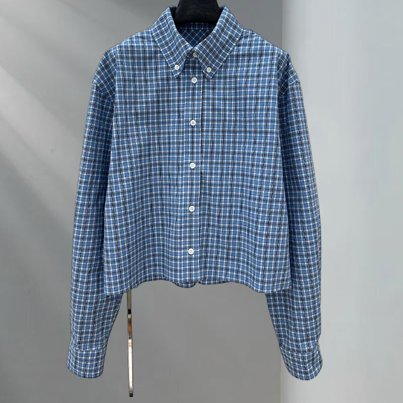 Lady Blue Plaid Cotton Shirt Fashion Single Breasted Lapel Neck Short Loose Blouses Luxury Designer Clothes S0772