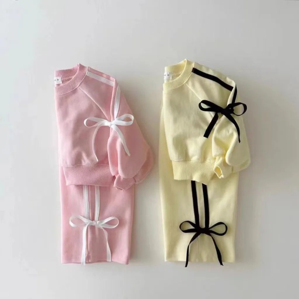 TZ2441 Korean Style Long Sleeve Long Pants Set Spring Autumn Sports Baby Girl Butterfly Knot Splice Sweatshirt Two-Piece Set 250729