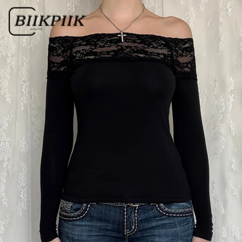 BIIKPIIK Black Lace Patchwork Long Sleeve Tshirts Women Casual Sexy Slash Neck Slim Fit Tops Concise Allmatch Lady Tees Autumn 250729