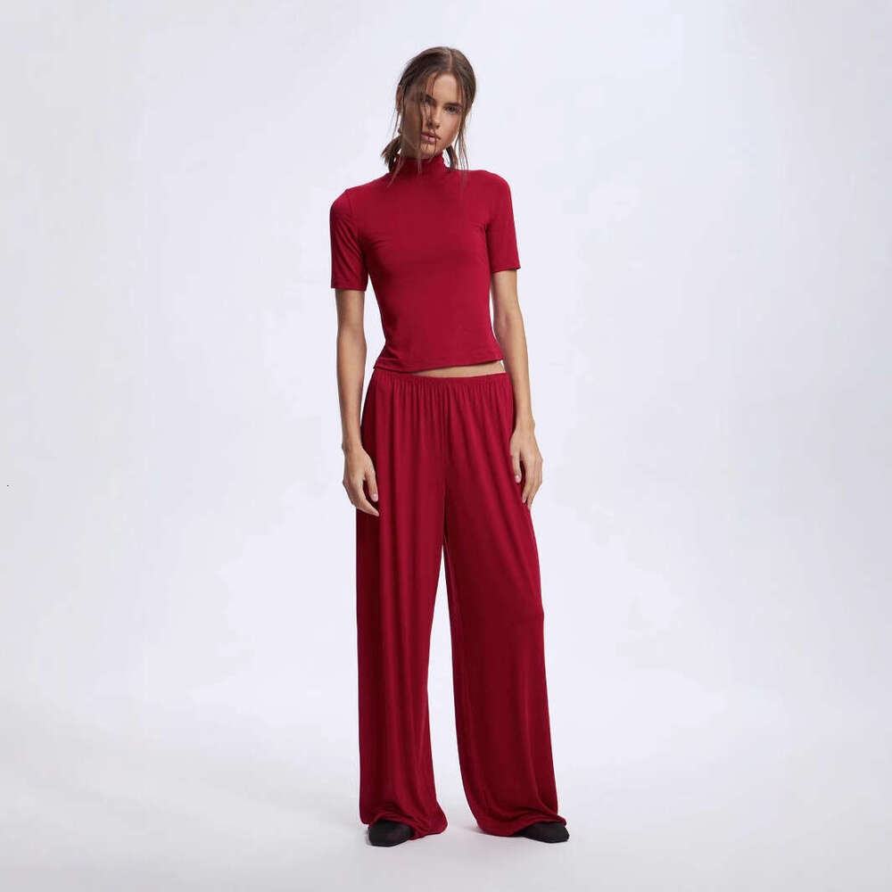 Spring Summer New Modal Suit For Women Soft Comfortable Round Neck Short Sleeve Top + Cuffed Pants B5