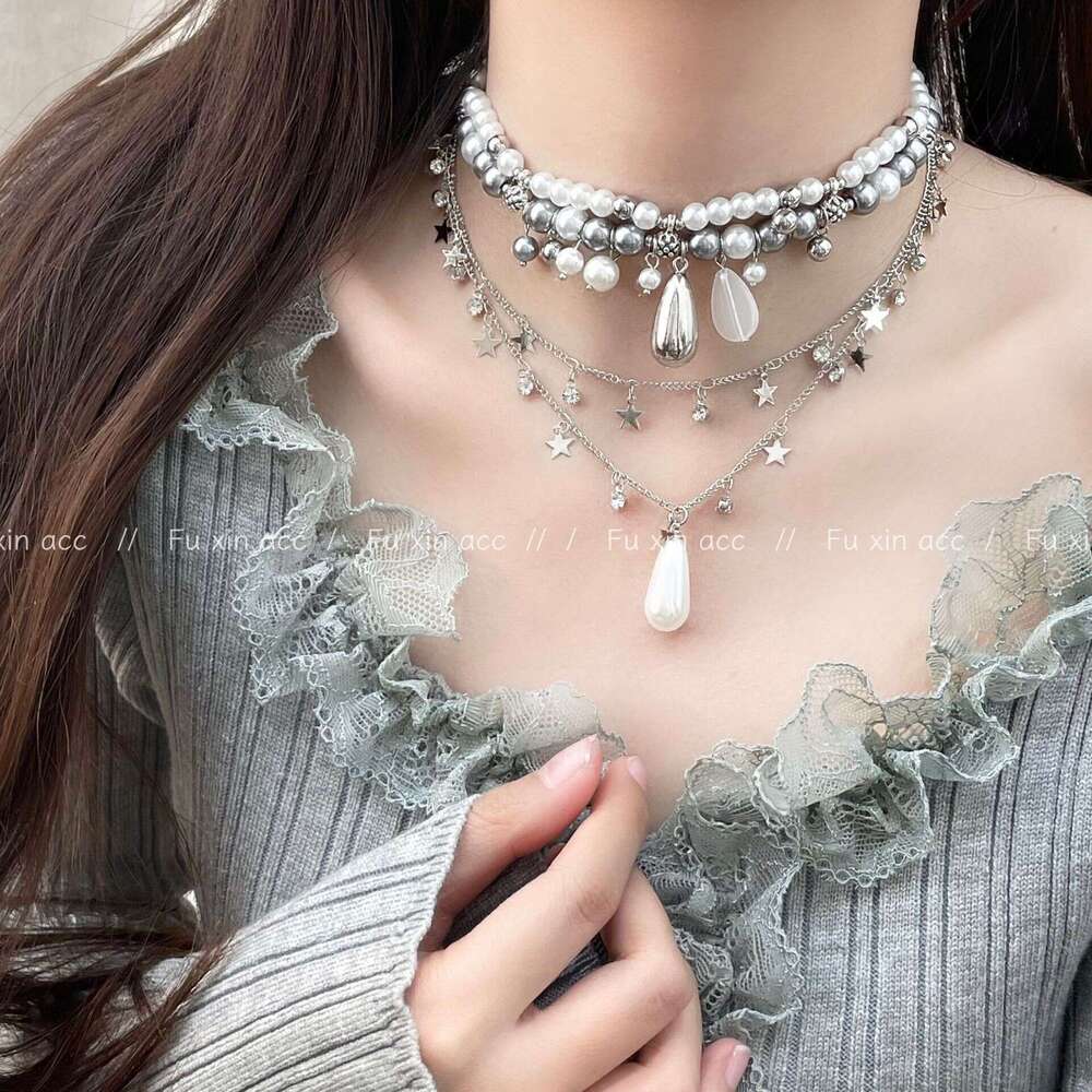 Sier Water Drop Pearl for Women 2024 New Light Niche Clavicle Chain Minimalist Double Layer Star Necklace 3aa