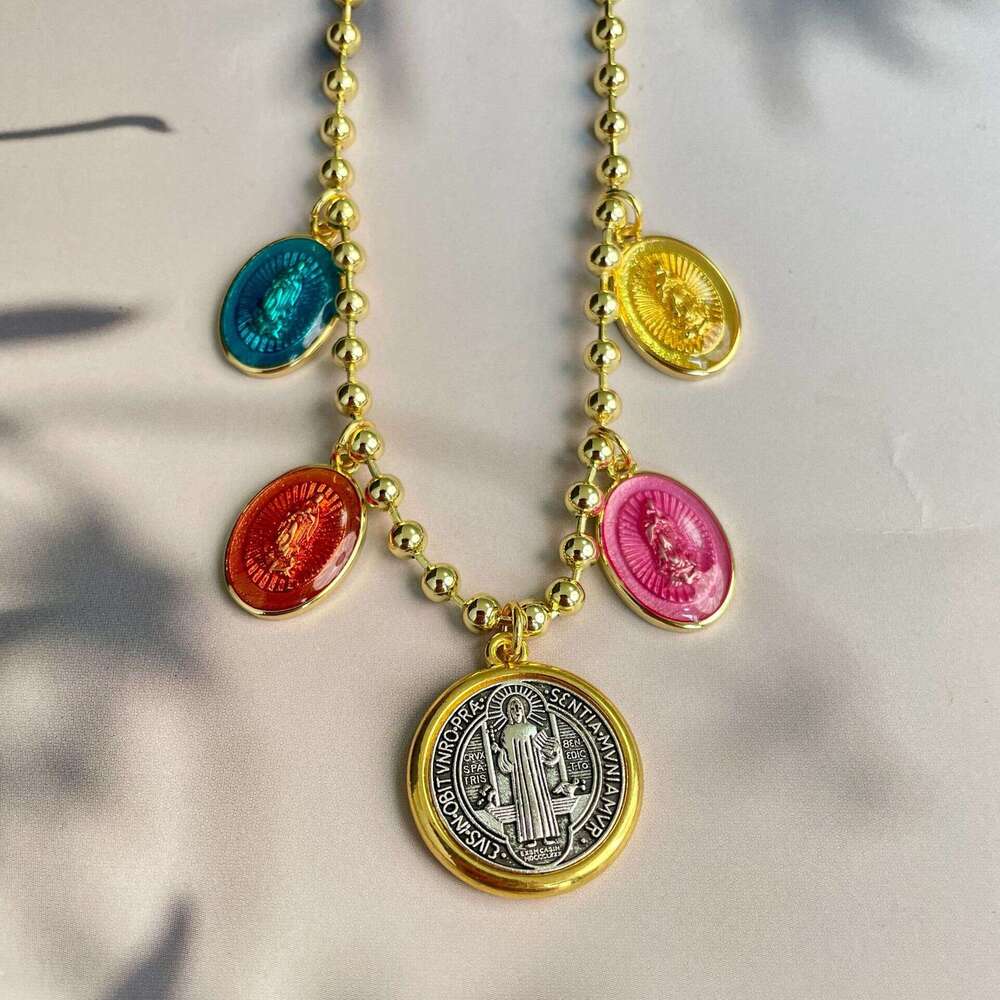 Virgin Mary Pendant Round Bead Chain Copper Gold Plated Necklace Religious Jewelry for Women