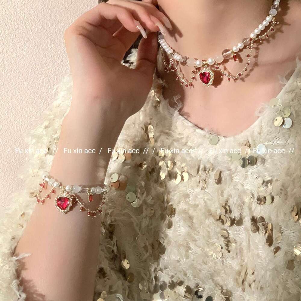 French Baroque Necklace Lolita Heart Pearl Light Ring Ancient Style Hanfu Accessory Collarbone Chain 221
