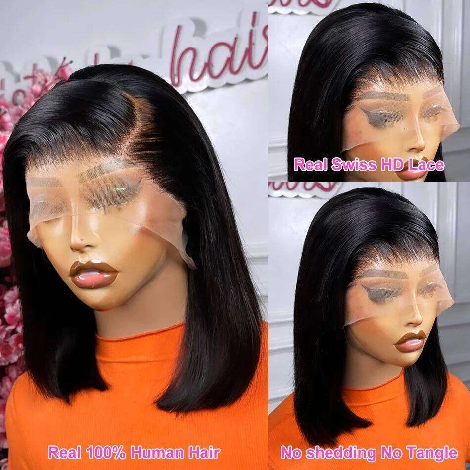 Super Double Drawn Bone Synthetic Straight 13X4 Frontal Bob Wig With Human Hair Natural 210% Density For Black Women