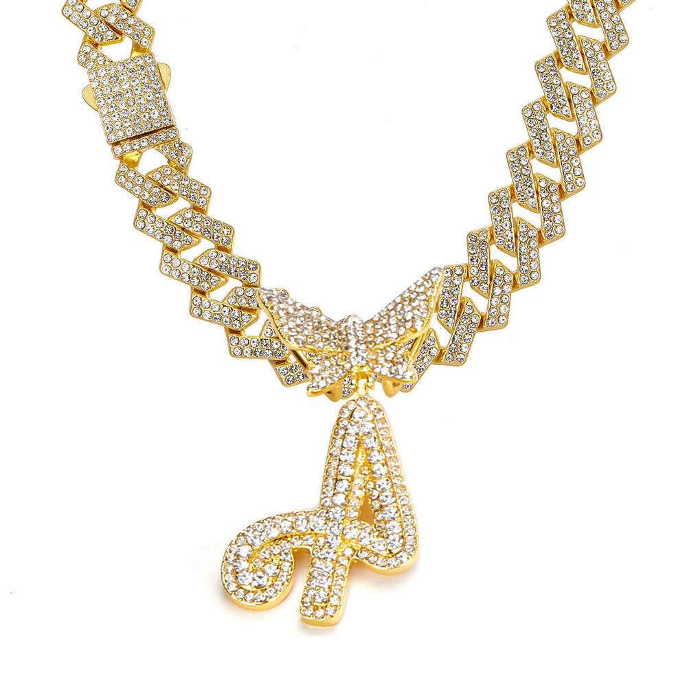 26 Alphabet Alloy Rhinestone Necklace Butterfly Clasp Full Dia Hip Hop Pendant