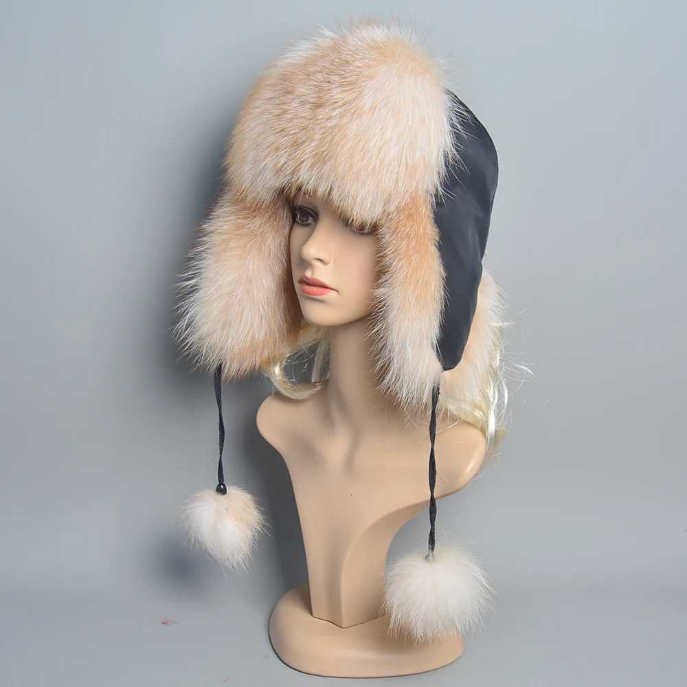 Natural Fox Fur Russian Aviation Hat with Ears Ushanka Women Winter Warm Fluffy Stylish Female Beanie Fashion Fur Hats 250724