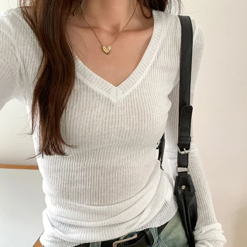 Spring Autumn Basic Thin TShirt for Women Korean Style Tops Long Sleeve V Neck TShirts Female Sexy Slim Tee Shirt Femme 250729