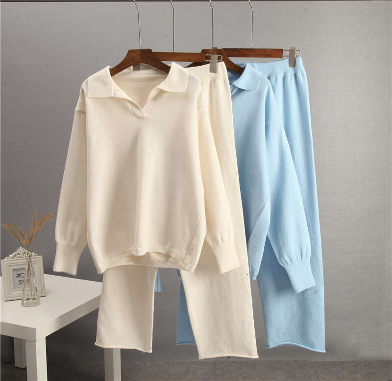 Autumn Winter Solid Color Lapel Women's Loose Knitted Polo Collar Sweater Wide Leg Pants Two Piece Set B5