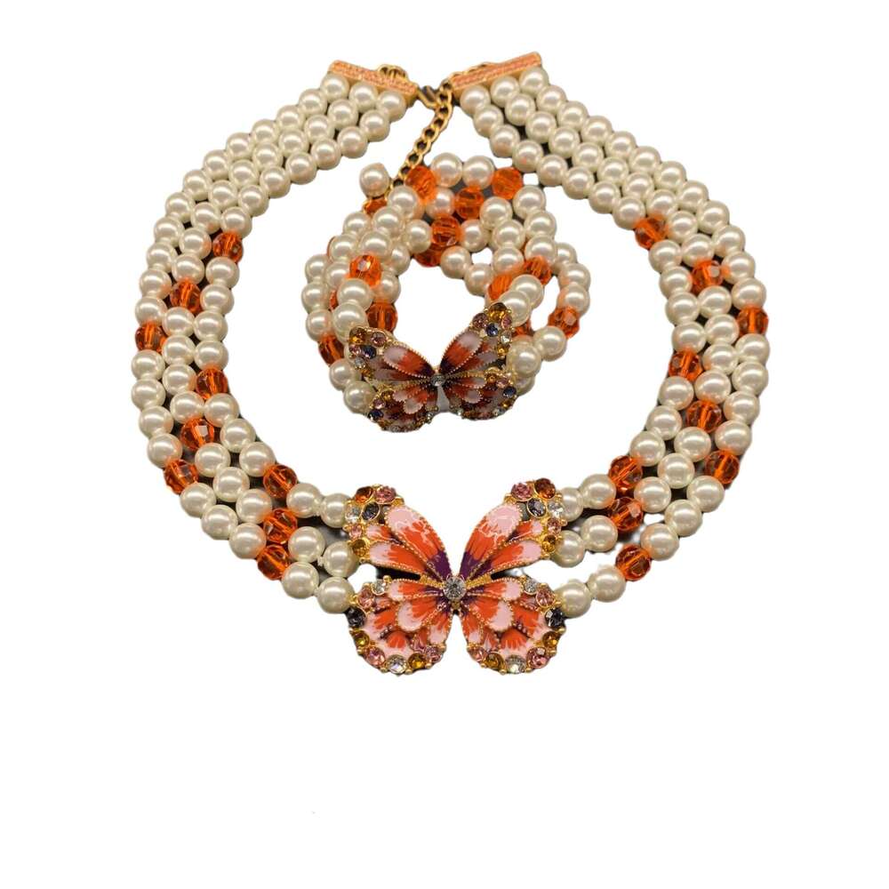 Wind Multi-layer Glass Butterfly Shape Necklace Bracelet Earrings Niche Three-piece Set OEM Labeling