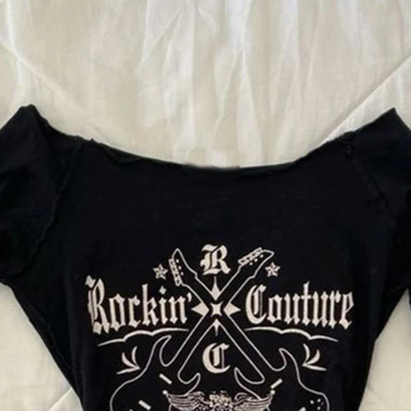 Womens Hip hop 90s Vintage Punk TShirt autumn Streetwear Sexy Short Sleeve Gothic Slim Crop Top girl Casual Femme Tee y2k 250724