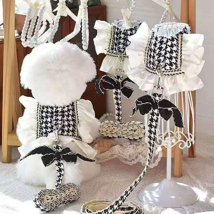 Pet Dresses Leash Vest Clothes Harness Pet Cat Small Dog Houndstooth Teddy Bichon