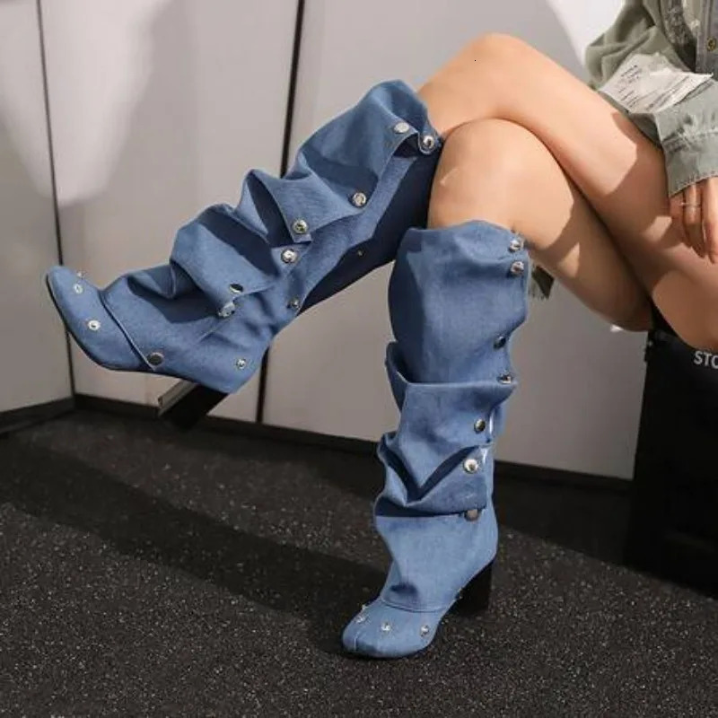 Denim Square Toe Boots Detachable Rivets 7cm Thick Heel and Knee Length Boots Winter Side Zipper Brown Trendy Boots 35-45 250729