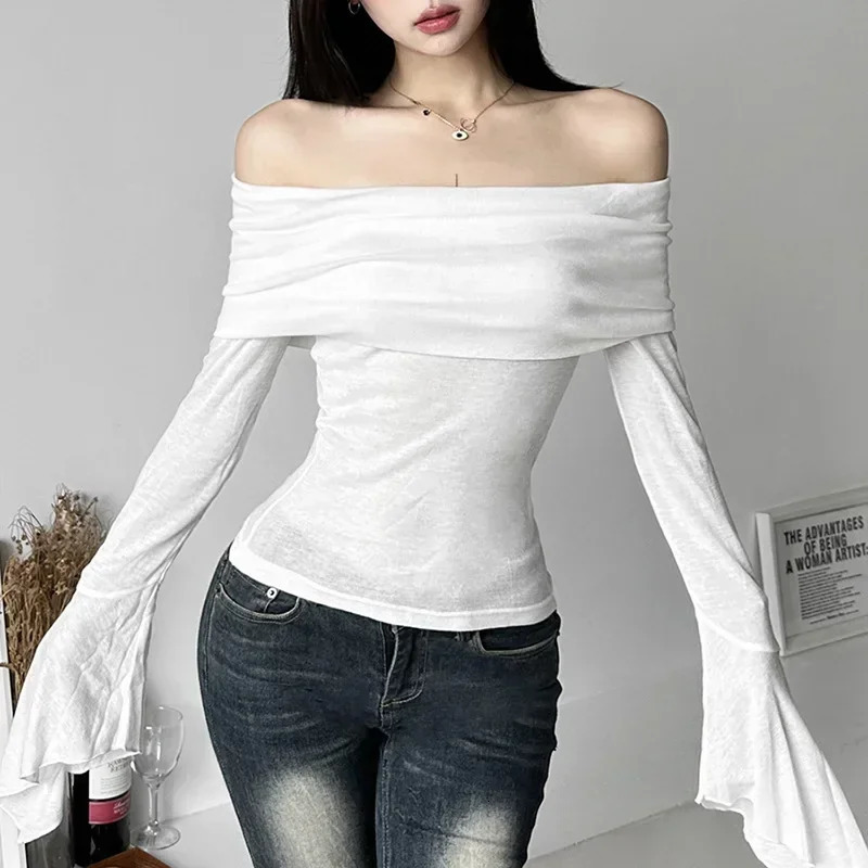 2K Aesthetic Simple Fashion Womens Tee Shirts Slash Neck Long Sleeve Solid Casual T-Shirts Vintage Off Shoulder Trendy T-Shirts 250725
