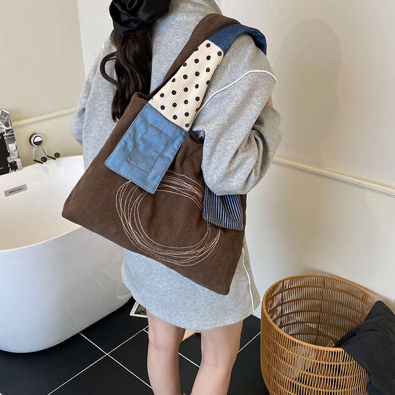 2025 New Artistic Casual Patchwork Corduroy Tote Niche Design Handheld Commuter Shoulder Bag