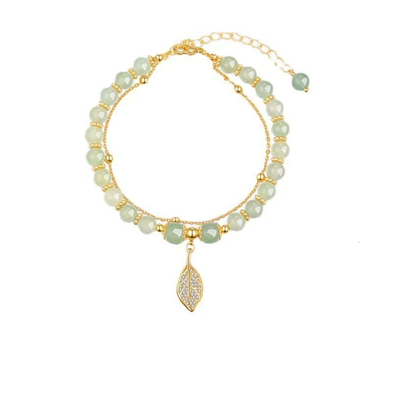 Chinese Style Green Hetian Jade Bracelet For Women Vintage Gold Color Leaves Double Layer Beaded Jewelry Gifts 250729