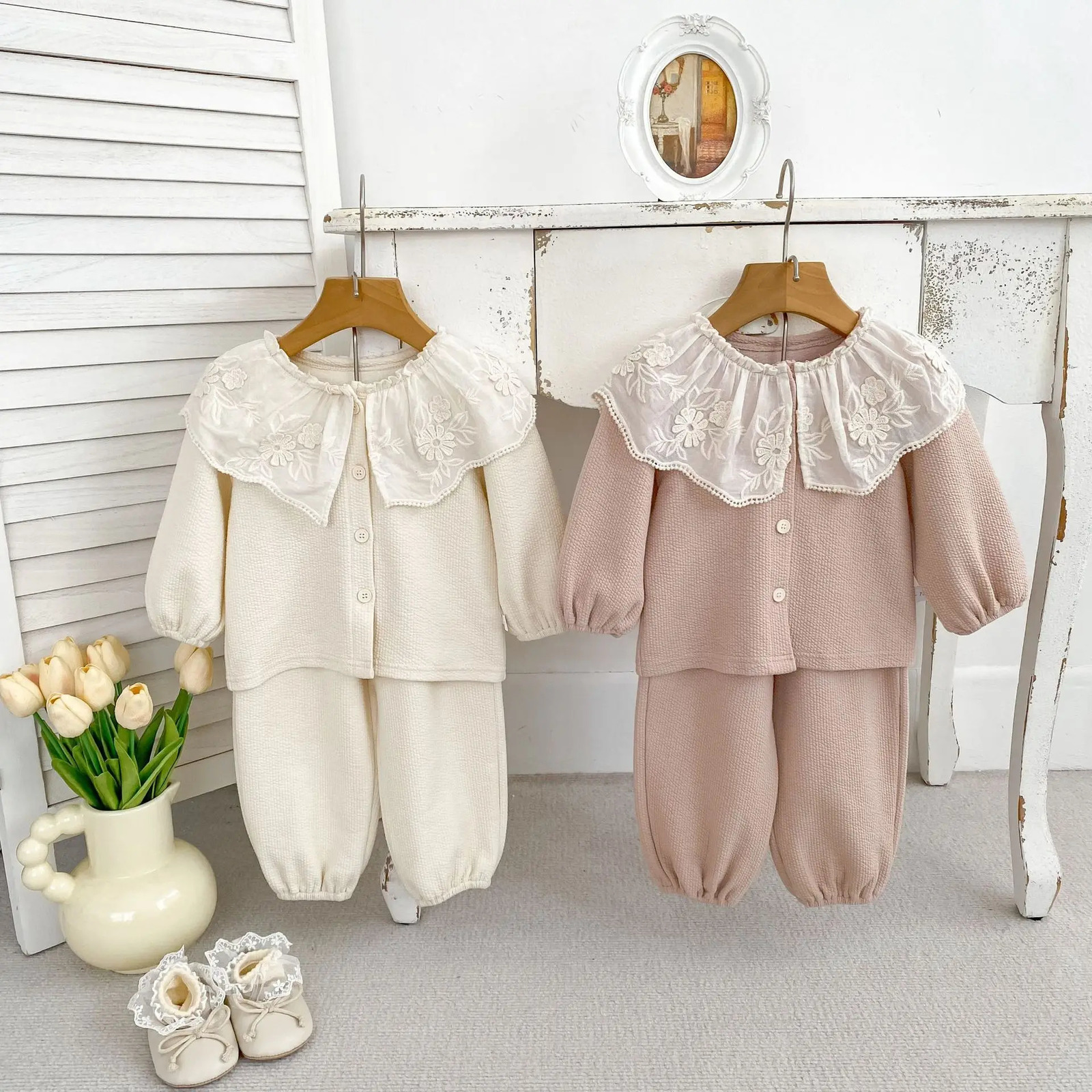 Baby Clothing Spring Girls Long Sleeve Suit Cotton Lace Collar Cardigan Pant Two-piece Suit 250729