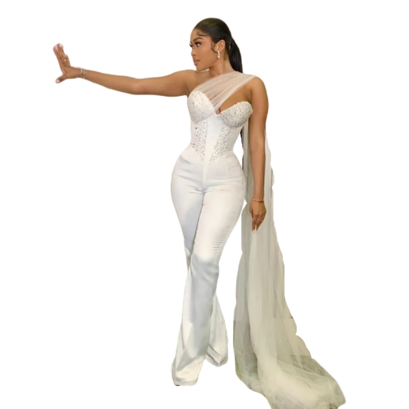 2025 Sweetheart Corset Women Jumpsuit Wedding Dresses With Tulle Ribbon Beaded Pearls Lace-up Aso Ebi Bridal Gown Outfit Pant Suit