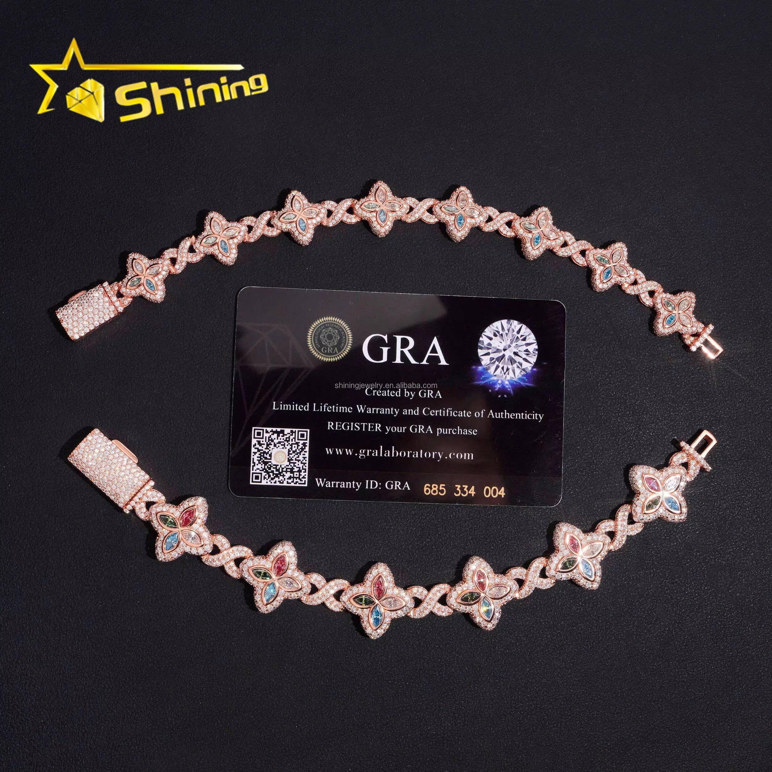 Unique Design Rapper Luxury Jewelry Hot Selling Hip Hop Mulit Color Moissanite Iced Out S925 Silver Cuban Clover Bracelet Men