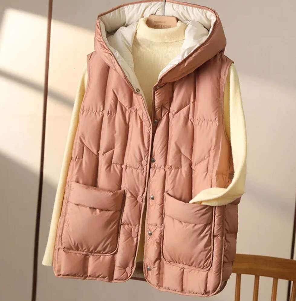 Designer Clothing 2025 Janveny 2025 New Fashion Hooded Down Sleeveless Vest Women Lightweight Seamless White Duck Feather Puffer Short Waistcoat