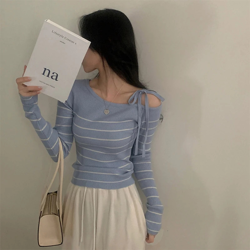 Sweet Off-the-shoulder Striped Tops Women Spring Autumn Casual Irregular Knitted Pullover 250723