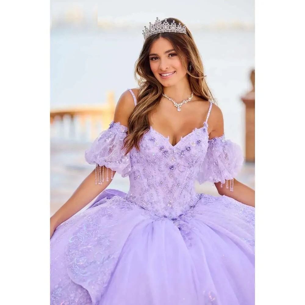 Lavender Lorencia Lialc Quinceanera Dress Ball Gown Spaghetti Lace Applique Crystals Beading Sweet Vestidos Customised Ball Gown