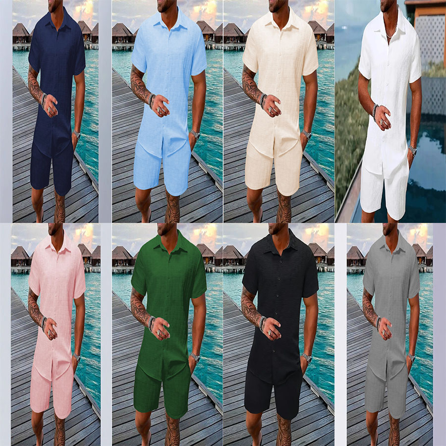 Jacquard black and white solid color suit short-sleeved men's vacation casual style shirt shorts two-piece suit