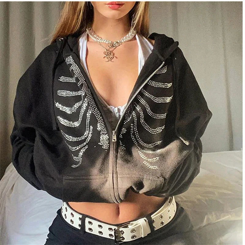 Women Gothic Black Zip Up Oversized Sweatshirts Y2K Rhinestone Skeleton Hoodies Female Retro Harajuku Hooded Jacket Streetwear 250729