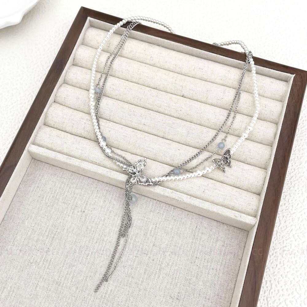 New Zircon Butterfly Pearl Tassel Blue Bead Necklace Light Niche Exquisite Simple High-end Versatile Collarbone Chain 942