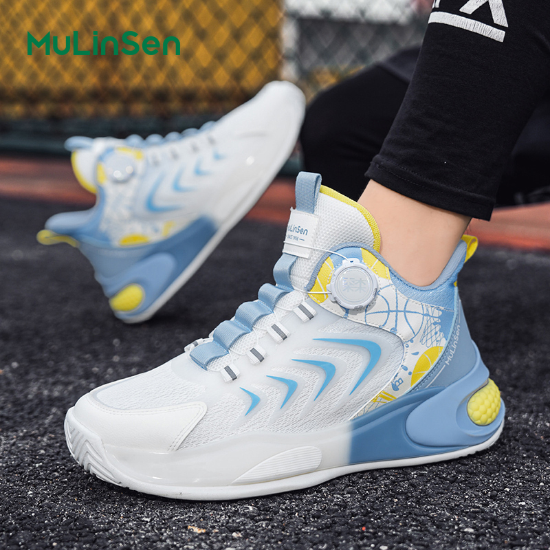 Mulinsen men's shoes rotating button summer mesh breathable running shoes youth shock absorption air cushion basketball sports shoes