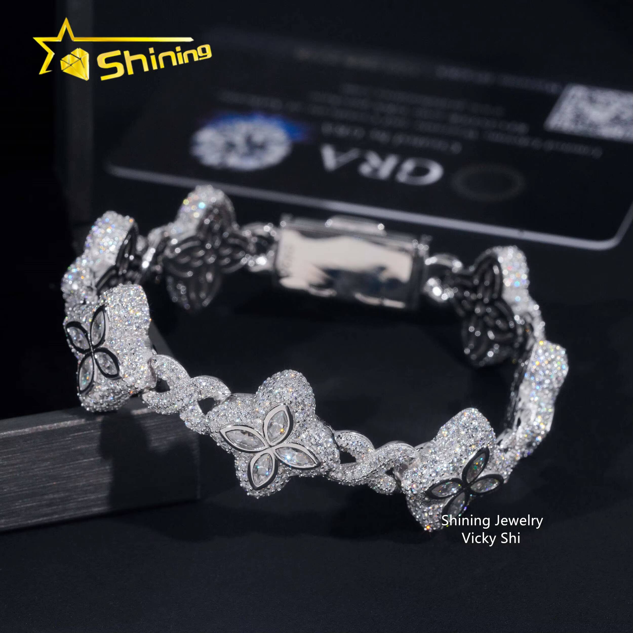 Hot Selling Men Popular Moissanite Bracelets 925 Sterling Silver Iced Out Hip Hop Infinity Clover Moissanite Cuban Bracelet
