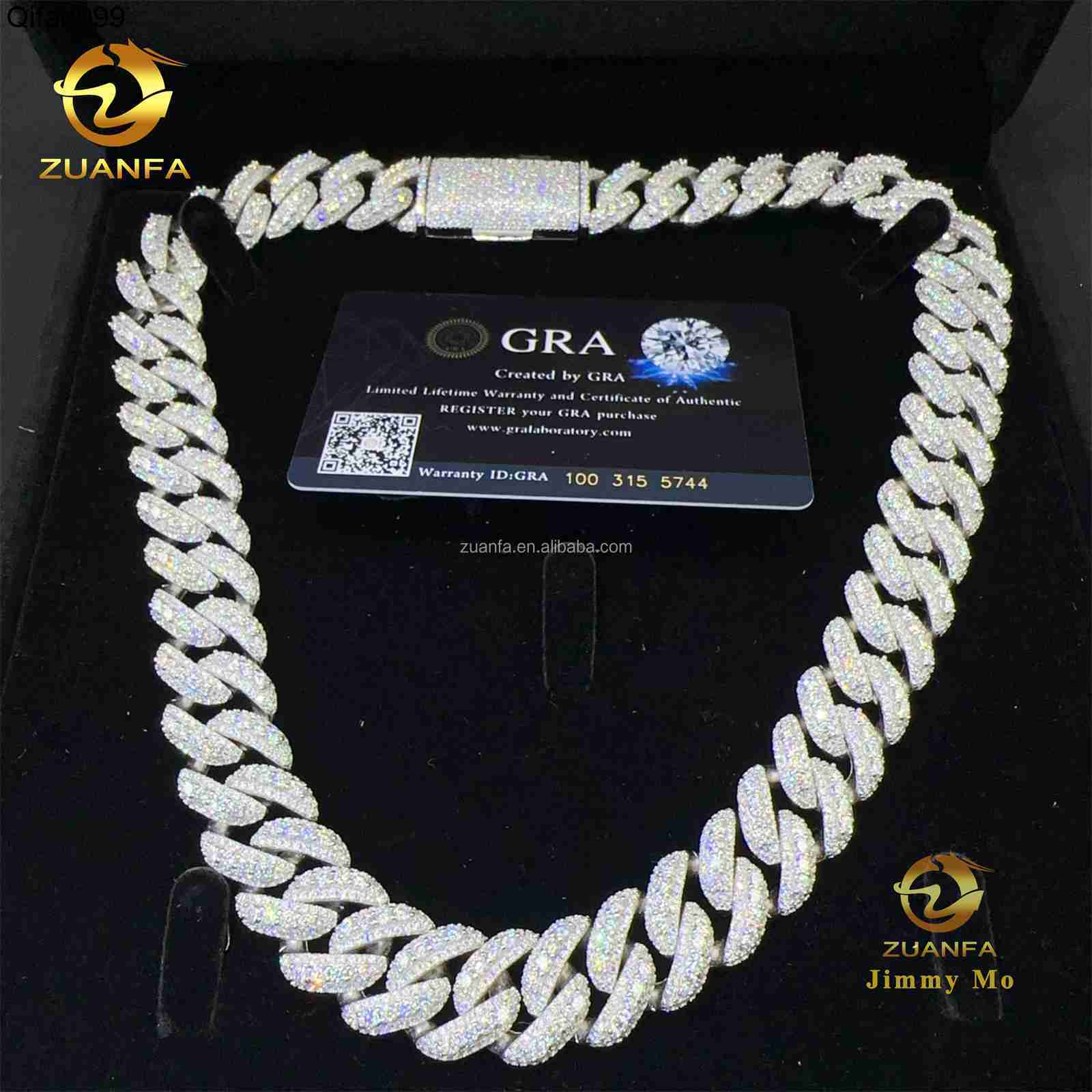 Fashion Luxury Rapper Jewelry 925 Solid Silver 18mm Moon Shape Iced Out Hip Hop VVS Moissanite Diamond Miami Cuban Link Chain