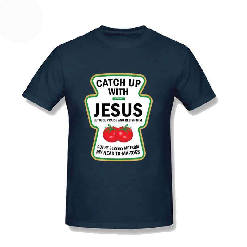 Men Christian Catch Up With Jesus Ketchup T-Shirt Family Student Tee Shirt Men's 100% Cotton Haruku Short Sleeve Tops
