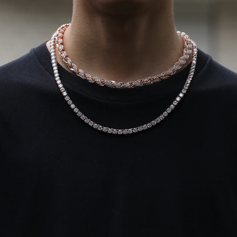 Hip Hop Full Austrian Rhinestone Paved Bling Iced Out Round Rope Link Chain Necklace for Men Rapper Jewelry Rose Gold Color 250729